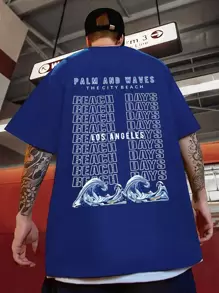 Manfinity 男士波浪和字母圖案T恤 - 藍色 - 查看 1