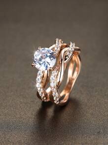 2入組/套魅力四射方晶鋯石裝飾戒指適用於情侶適用於約會禮物 - 玫瑰金 - 查看 2