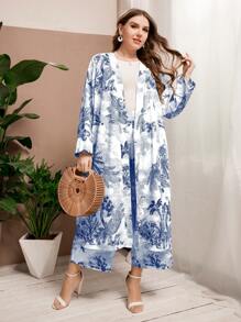 Al Najma 大碼熱帶圖案開門襟外套和褲子 - 藍白色 - 查看 5