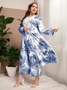 Al Najma 大碼熱帶圖案開門襟外套和褲子 - 藍白色 - 查看 6