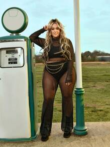 SHEIN Plus See Through Mesh Top & Trousers Without Belt - Black - View 1