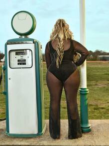 SHEIN Plus See Through Mesh Top & Trousers Without Belt - Black - View 2