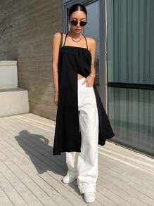 DAZY Solid Split Hem Tie Back Halter Top - Black - View 5