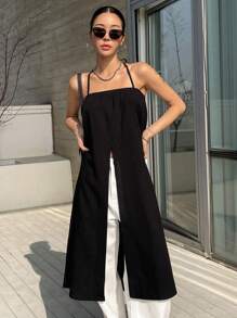 DAZY Solid Split Hem Tie Back Halter Top - Black - View 6