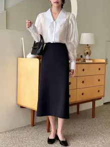 DAZY 纯色纽扣前开衬衫长袖上衣 - 白色 - 查看 6