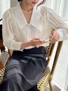 DAZY 纯色纽扣前开衬衫长袖上衣 - 白色 - 查看 7