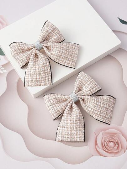 2pcs Teen Girls Plaid Pattern Bow Decor Fashionable Alligator Hair Clip For Hair Decoration