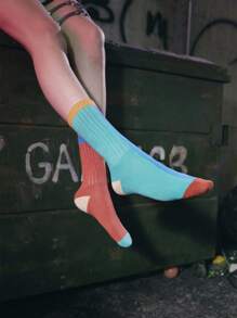 ROMWE Grunge Punk 1雙女士表情圖案可愛中筒襪適用於日常 - 彩色 - 查看 2