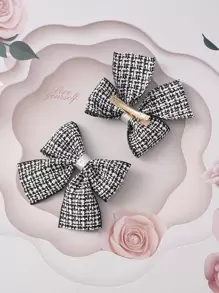 2pcs Toddler Girls Plaid Pattern Bow Decor Fashionable Alligator Hair Clip For Hair Decoration