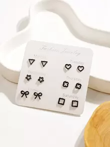 6對/套時尚鋅合金心和星星耳釘適合女士日常裝飾 - 黑色 - 查看 1