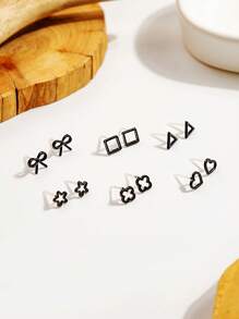 6對/套時尚鋅合金心和星星耳釘適合女士日常裝飾 - 黑色 - 查看 2