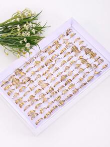 10入組男士隨機花和月亮裝飾戒指 - 金色 - 查看 4