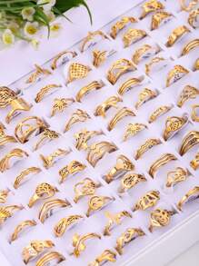 10入組男士隨機花和月亮裝飾戒指 - 金色 - 查看 5