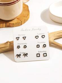 6對/套時尚鋅合金心和星星耳釘適合女士日常裝飾 - 黑色 - 查看 5