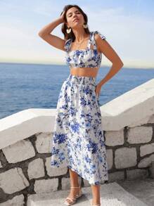 SHEIN VCAY Floral Print Tie Shoulder Cami Top & Skirt - Blue and White - View 4