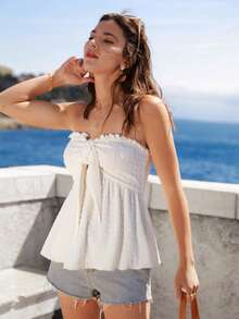 SHEIN VCAY Swiss Dot Frill Trim Knot Front Tube Top - White - View 4