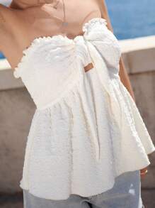SHEIN VCAY Swiss Dot Frill Trim Knot Front Tube Top - White - View 1