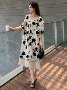 DAZY 印花拼接蕾絲邊連衣裙 - 黑與白 - 查看 3