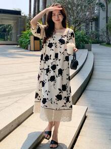 DAZY 印花拼接蕾絲邊連衣裙 - 黑與白 - 查看 5