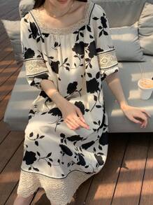 DAZY 印花拼接蕾絲邊連衣裙 - 黑與白 - 查看 6