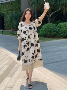 DAZY 印花拼接蕾絲邊連衣裙 - 黑與白 - 查看 8