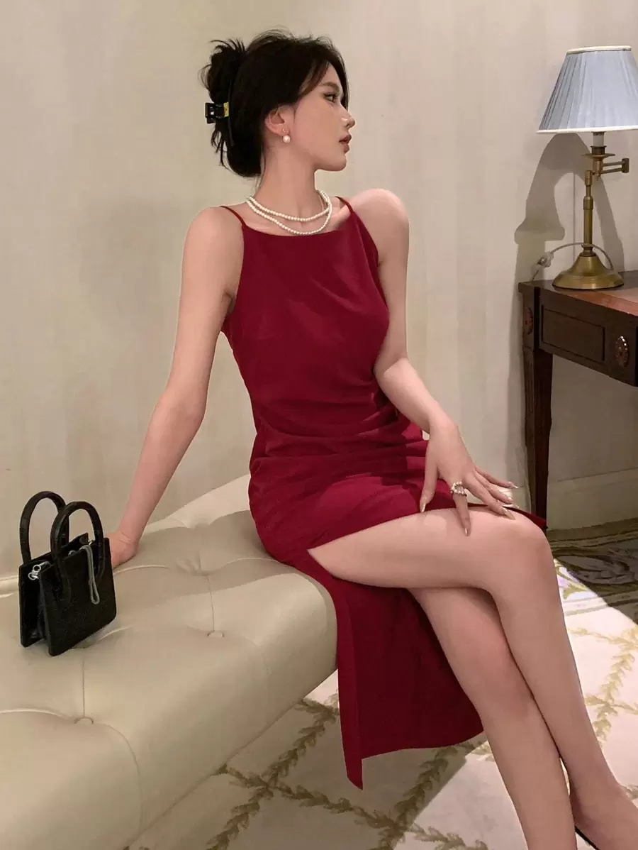 DAZY Solid Slit Thigh Cami Homecoming Dress Prom Dress Sundress Red Women Dresses Christmas Elegant Women Dresses Carnival - Burgundy - View 1