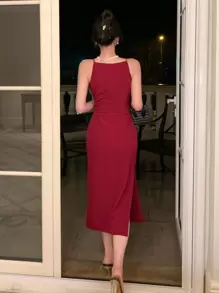 DAZY Solid Slit Thigh Cami Homecoming Dress Prom Dress Sundress Red Women Dresses Christmas Elegant Women Dresses Carnival - Burgundy - View 2