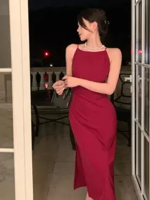 DAZY Solid Slit Thigh Cami Homecoming Dress Prom Dress Sundress Red Women Dresses Christmas Elegant Women Dresses Carnival - Burgundy - View 4