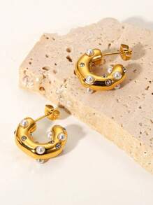 S SHOPBOHO 1對迷人的不鏽鋼立體方鑽和人造珍珠裝飾手鐲耳環,適合女性日常裝飾