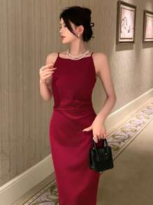 DAZY Solid Slit Thigh Cami Homecoming Dress Prom Dress Sundress Red Women Dresses Christmas Elegant Women Dresses Carnival - Burgundy - View 6