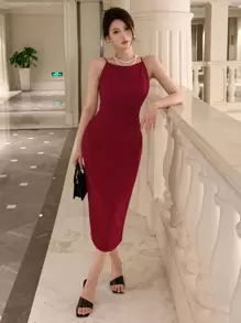 DAZY Solid Slit Thigh Cami Homecoming Dress Prom Dress Sundress Red Women Dresses Christmas Elegant Women Dresses Carnival - Burgundy - View 7