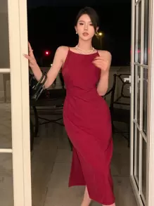 DAZY Solid Slit Thigh Cami Homecoming Dress Prom Dress Sundress Red Women Dresses Christmas Elegant Women Dresses Carnival - Burgundy - View 8