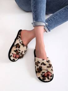 Fashion Slippers For Women, Leopard Pattern Cross Strap Fluffy Bedroom Slippers - Multicolor - View 2