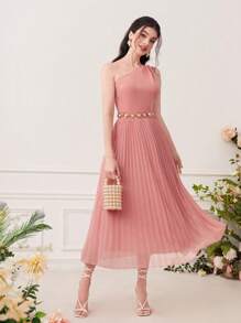 Modelyn 單肩百褶下擺連衣裙不附腰帶 - 粉色 - 查看 1