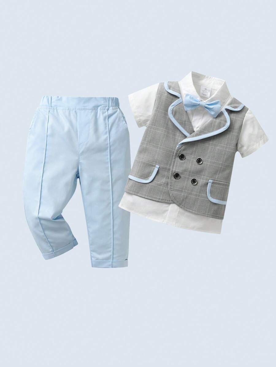 Bộ thời trang bé trai Túi Nơ trước Khối Màu Sọc ca rô Buổi tiệc - Nhiều màu - Xem 1