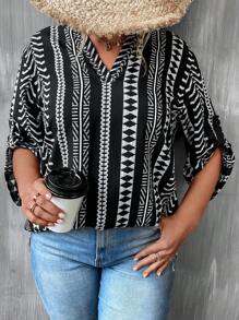 SHEIN LUNE Plus Geo Print Roll Tab Sleeve Notched Neckline Blouse Fall Cloth For Women - Black - View 5