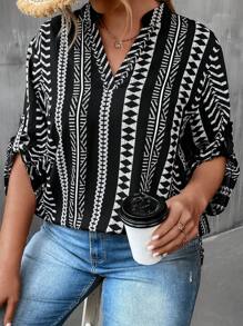 SHEIN LUNE Plus Geo Print Roll Tab Sleeve Notched Neckline Blouse Fall Cloth For Women - Black - View 6