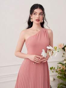 Modelyn 單肩百褶下擺連衣裙不附腰帶 - 粉色 - 查看 5