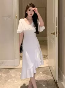 DAZY Solid Ruffle Trim Ruched Bust Dress, Birthday ,New Year Eve Prom Dress Sundress Wedding Women Dresses Elegant Women Dresses - White - View 7