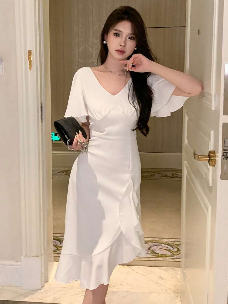 Solid Ruffle Trim Ruched Bust Dress, Birthday ,New Year Eve Prom Dress Sundress Wedding Women Dresses Elegant Women Dresses