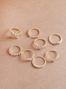8pcs/set Glamorous Zinc Alloy Rhinestone Butterfly Decor Ring For Women For Daily Decoration - Yellow Gold - View 2