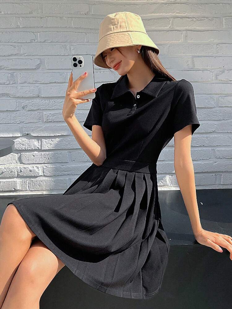 Solid Pleated Hem A-line Dress