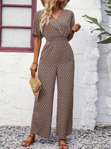 EMERY ROSE Allover Print Surplice Neck Wide Leg Jumpsuit - Khaki - View 1