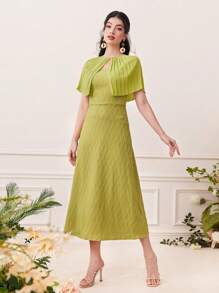 Modelyn Keyhole Neckline Pleated Mesh Overlay Dress - Olive Green - View 1