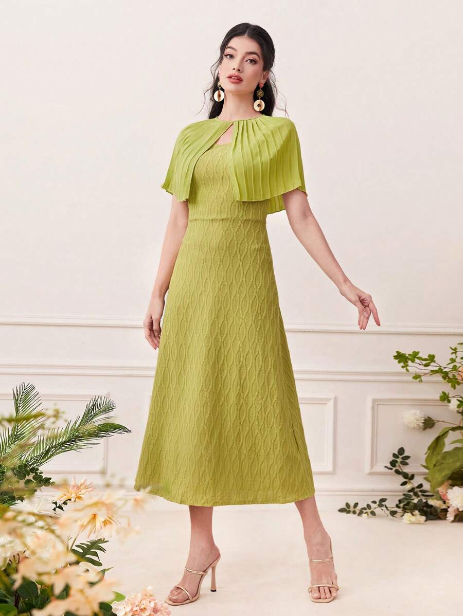 Modelyn Keyhole Neckline Pleated Mesh Overlay Dress - Olive Green - View 1