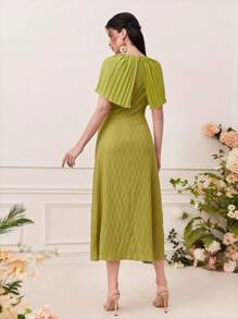 Modelyn Keyhole Neckline Pleated Mesh Overlay Dress - Olive Green - View 2