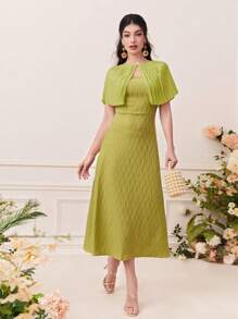Modelyn Keyhole Neckline Pleated Mesh Overlay Dress - Olive Green - View 3