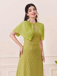 Modelyn Keyhole Neckline Pleated Mesh Overlay Dress - Olive Green - View 5