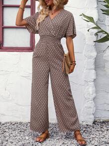 EMERY ROSE Allover Print Surplice Neck Wide Leg Jumpsuit - Khaki - View 3