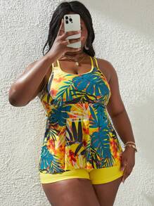 SHEIN Slayr Summer Beach Plus Size Tropical Print Tankini - Yellow - View 6